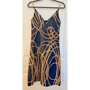 Skirtin Around Silk Mini Dress Size 2 XS Black Gold Chain V Neck Lined